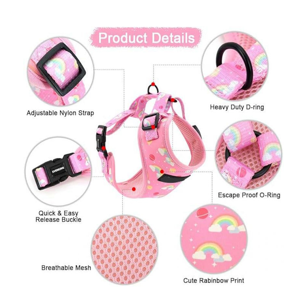 Pink rainbow dog harness adjustable straps buckle mesh and D-ring details