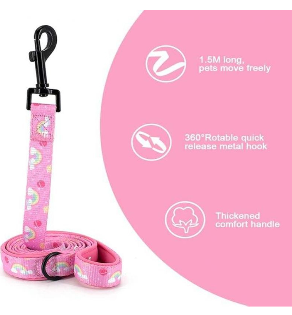 Pink rainbow dog leash size quick-release buckle and breathable mesh features