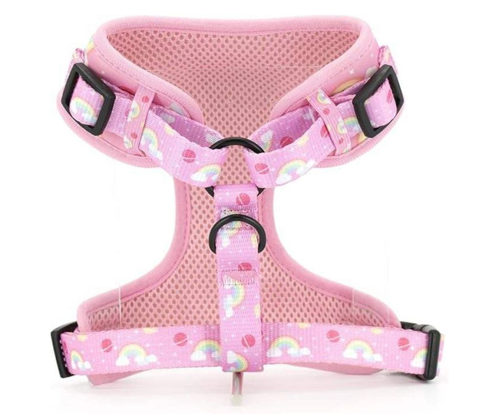 Pink rainbow step-in dog harness front view