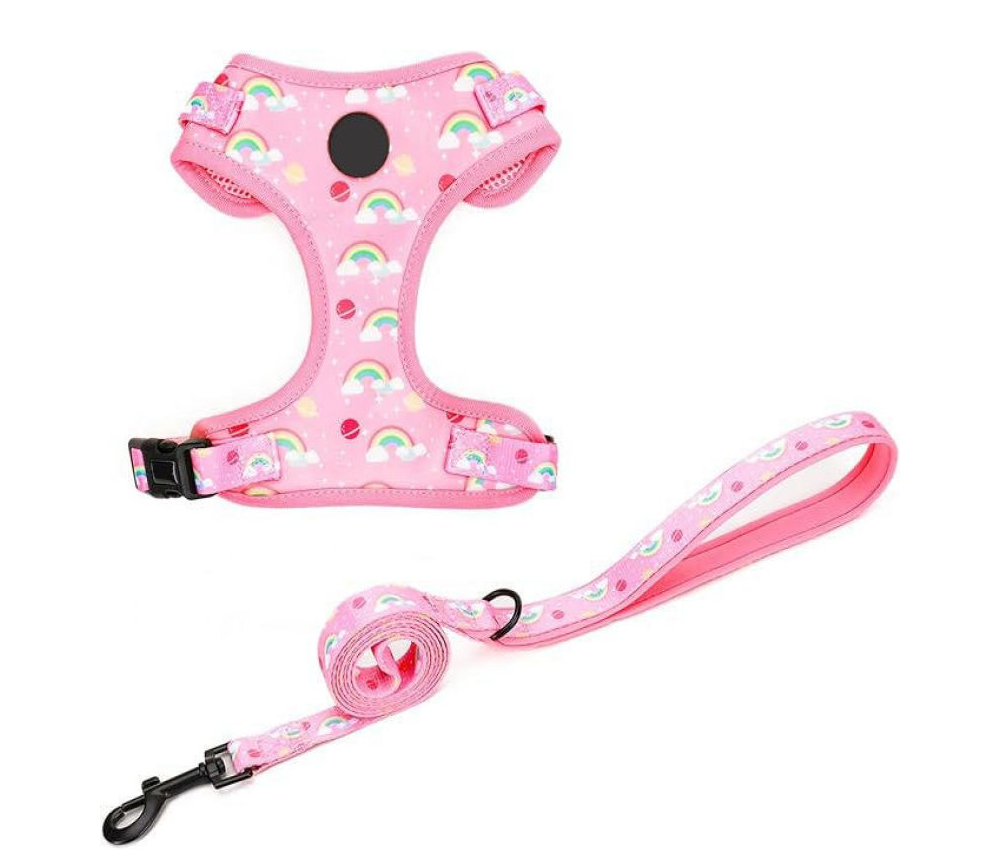 Pink rainbow dog harness and matching leash set
