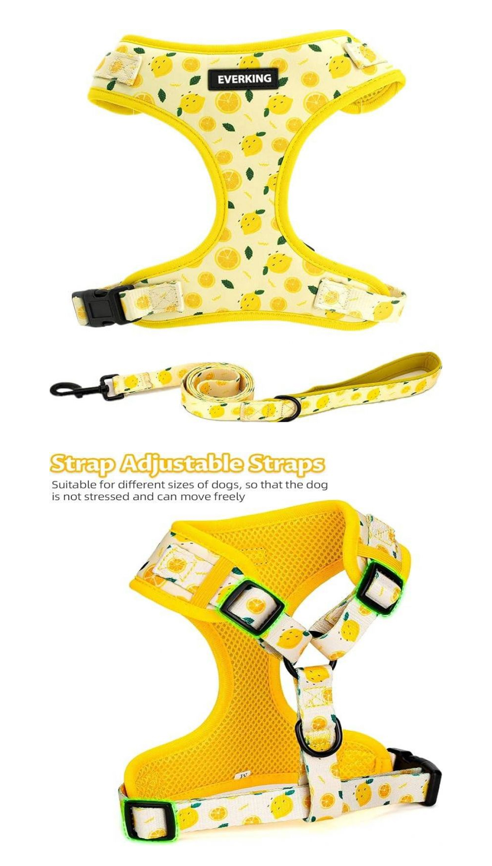 Yellow print dog harness exterior and breathable mesh lining
