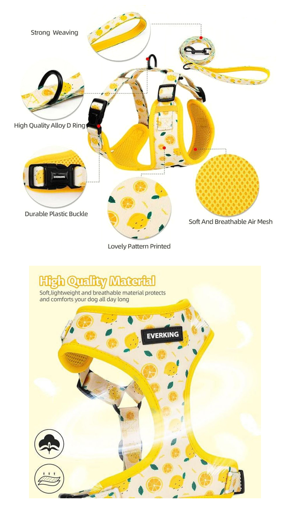 Adjustable no-pull dog harness buckle D-ring webbing and mesh details