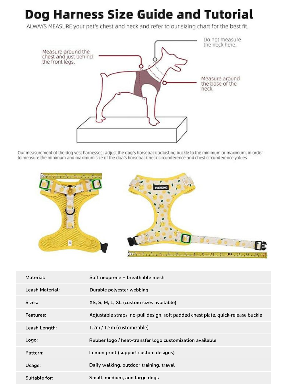 Dog harness size guide fitting tutorial and product specifications