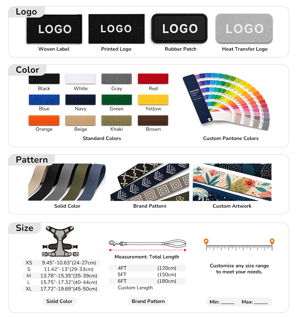 Custom logo color pattern and size options for padded dog harness sets