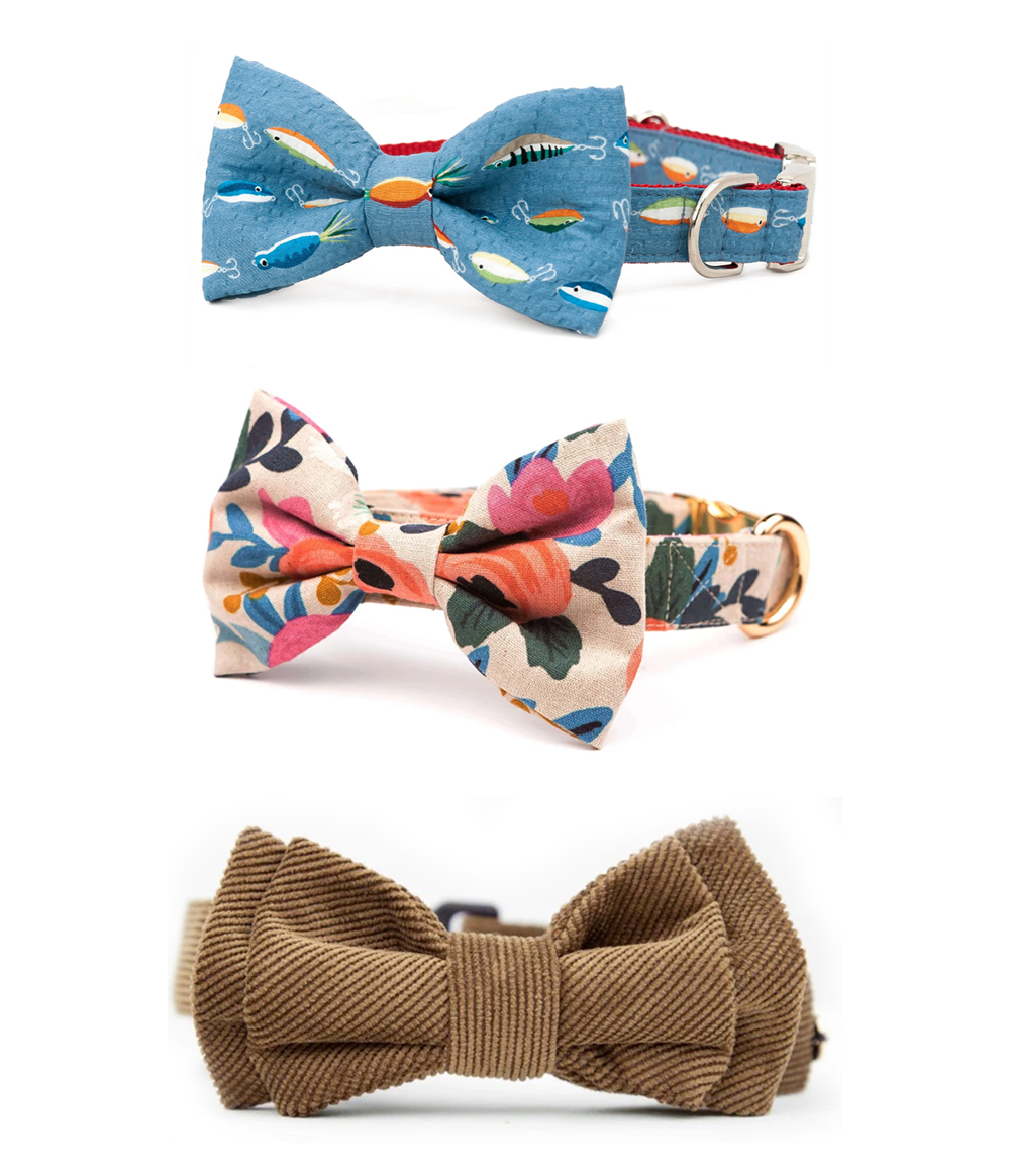 Custom bow tie dog collars in assorted printed fabrics