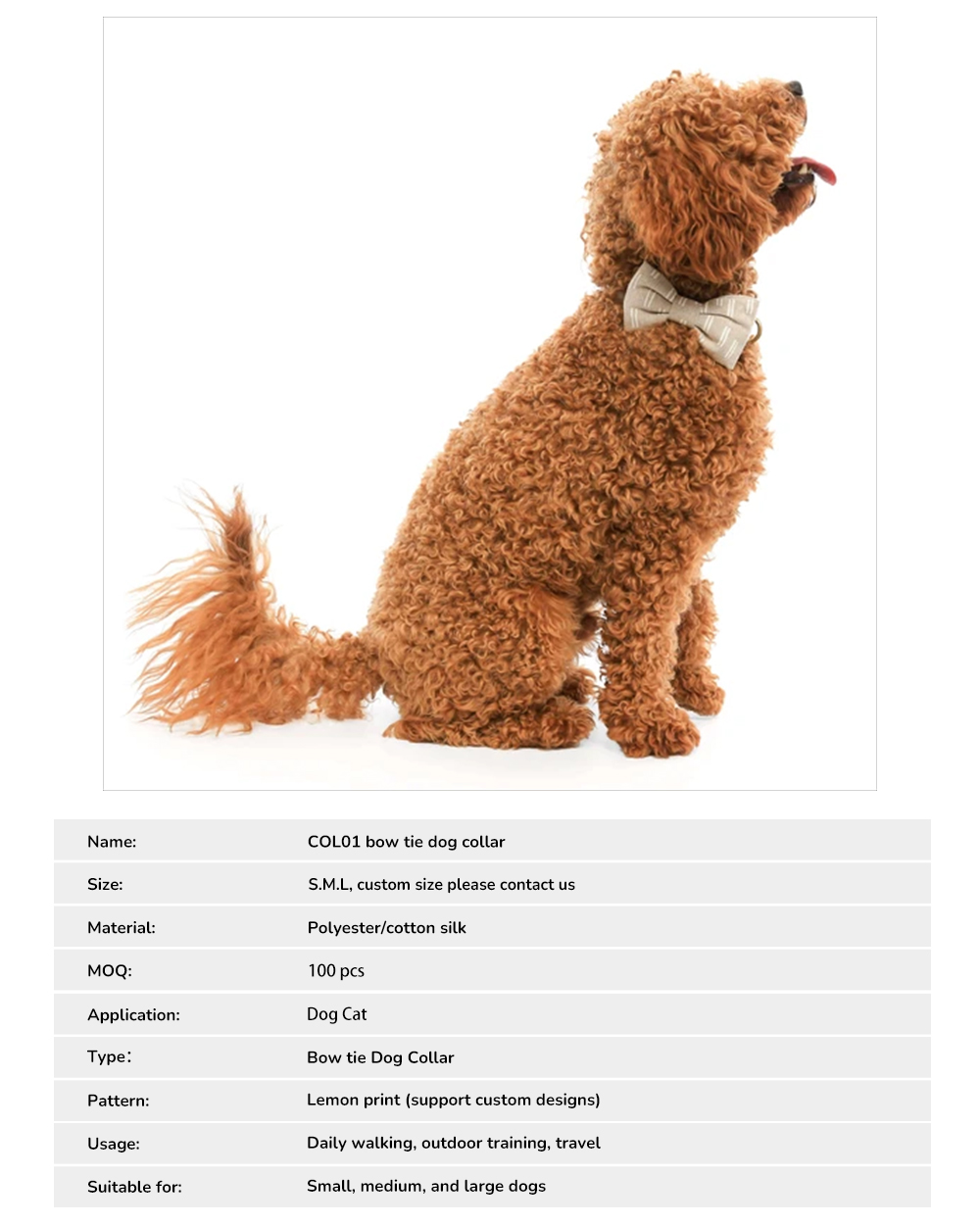 Cotton blend bow tie dog collar fit and product specifications
