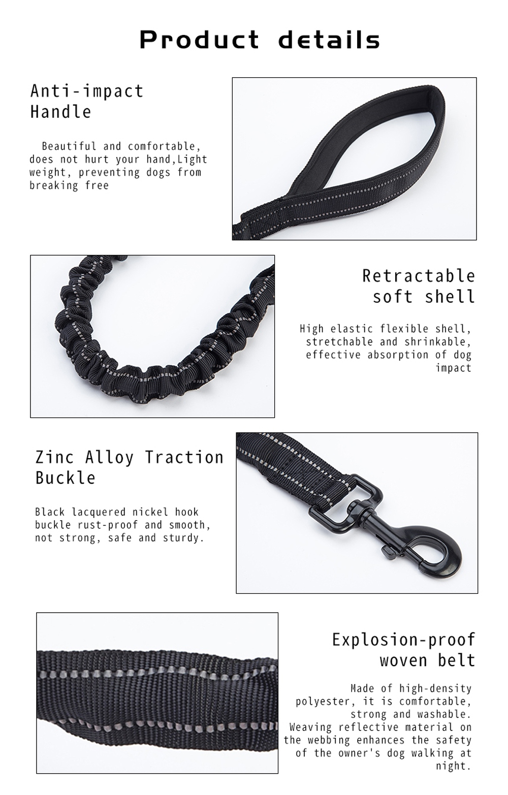 Bungee dog leash padded handle swivel hook and reflective webbing details