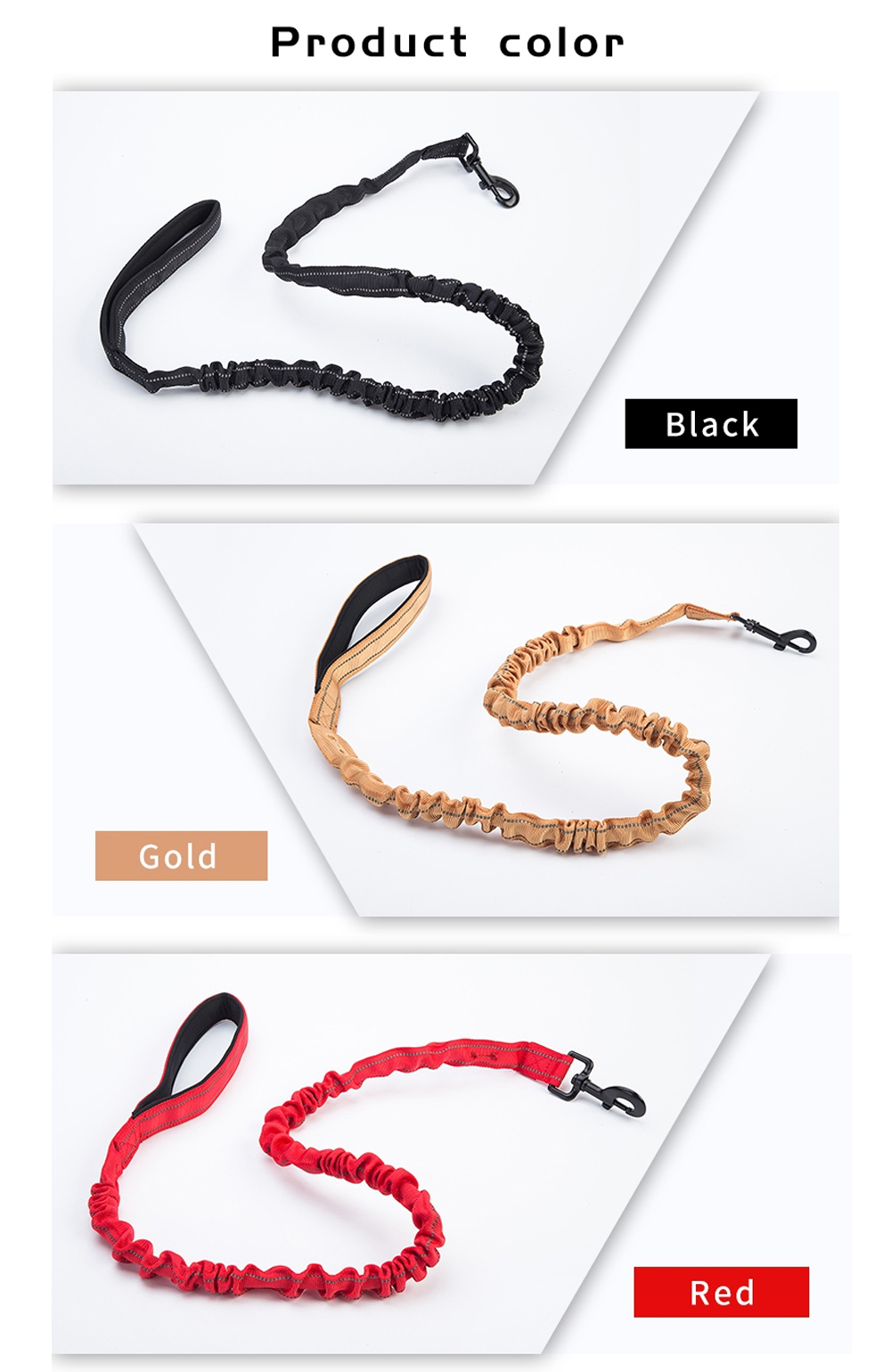 Shock-absorbing dog leash color options in black gold and red