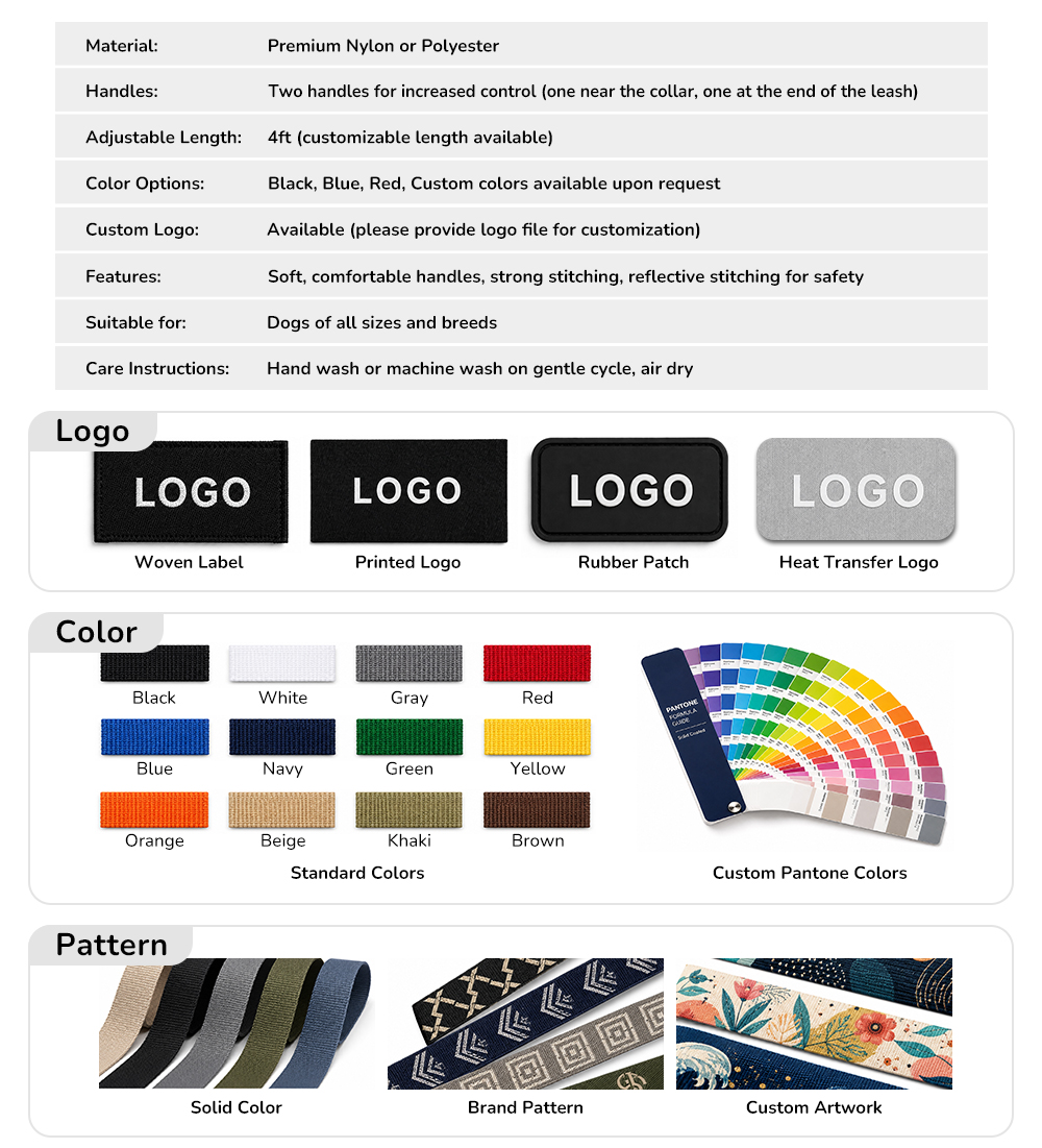 Custom logo color pattern and product specifications for bungee dog leashes