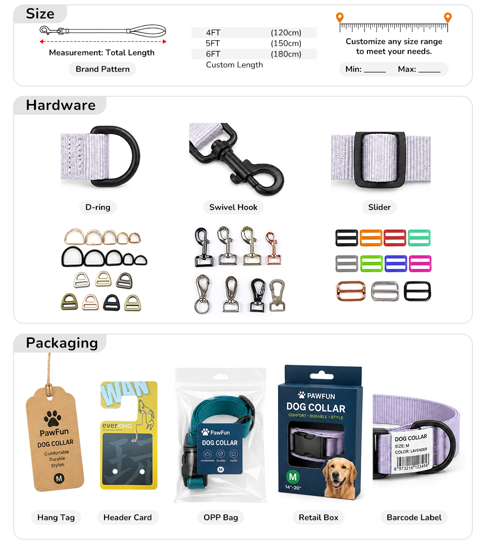 Custom hardware size and packaging options for bungee dog leashes