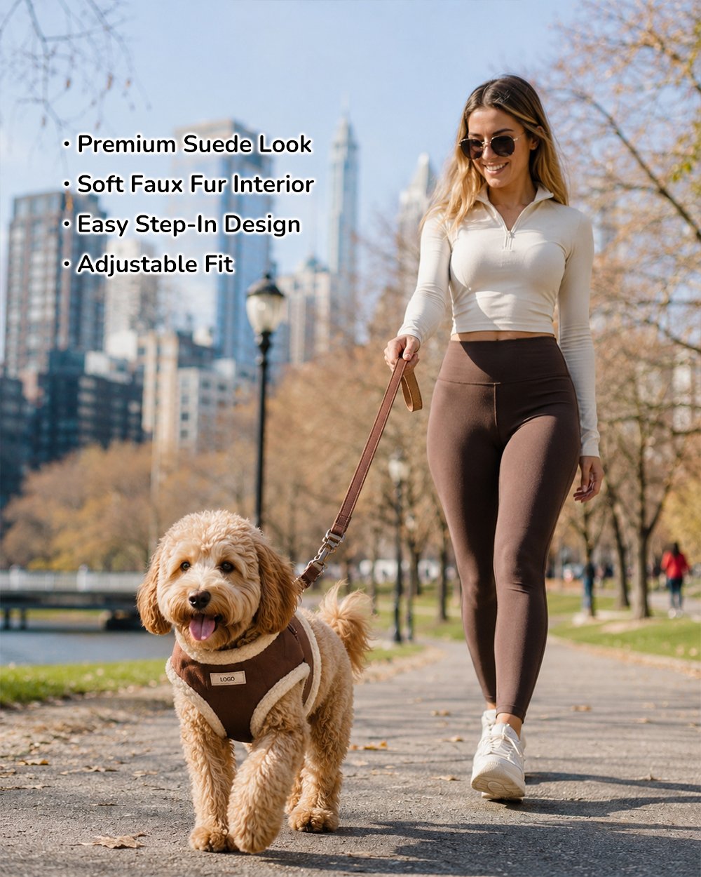Custom suede dog harness and leash set with soft faux fur lining