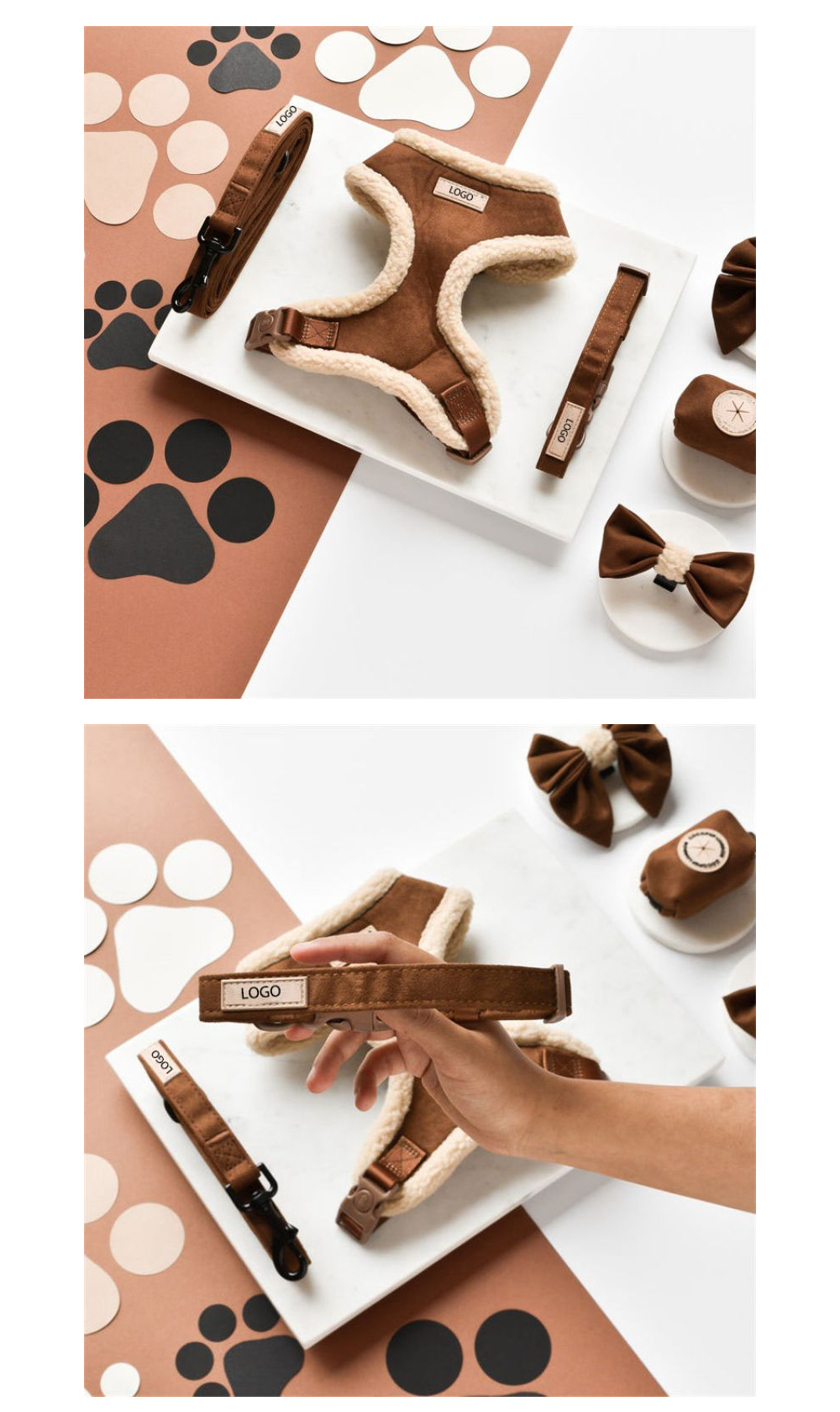 Brown suede dog harness set with matching leash and bow tie accessories