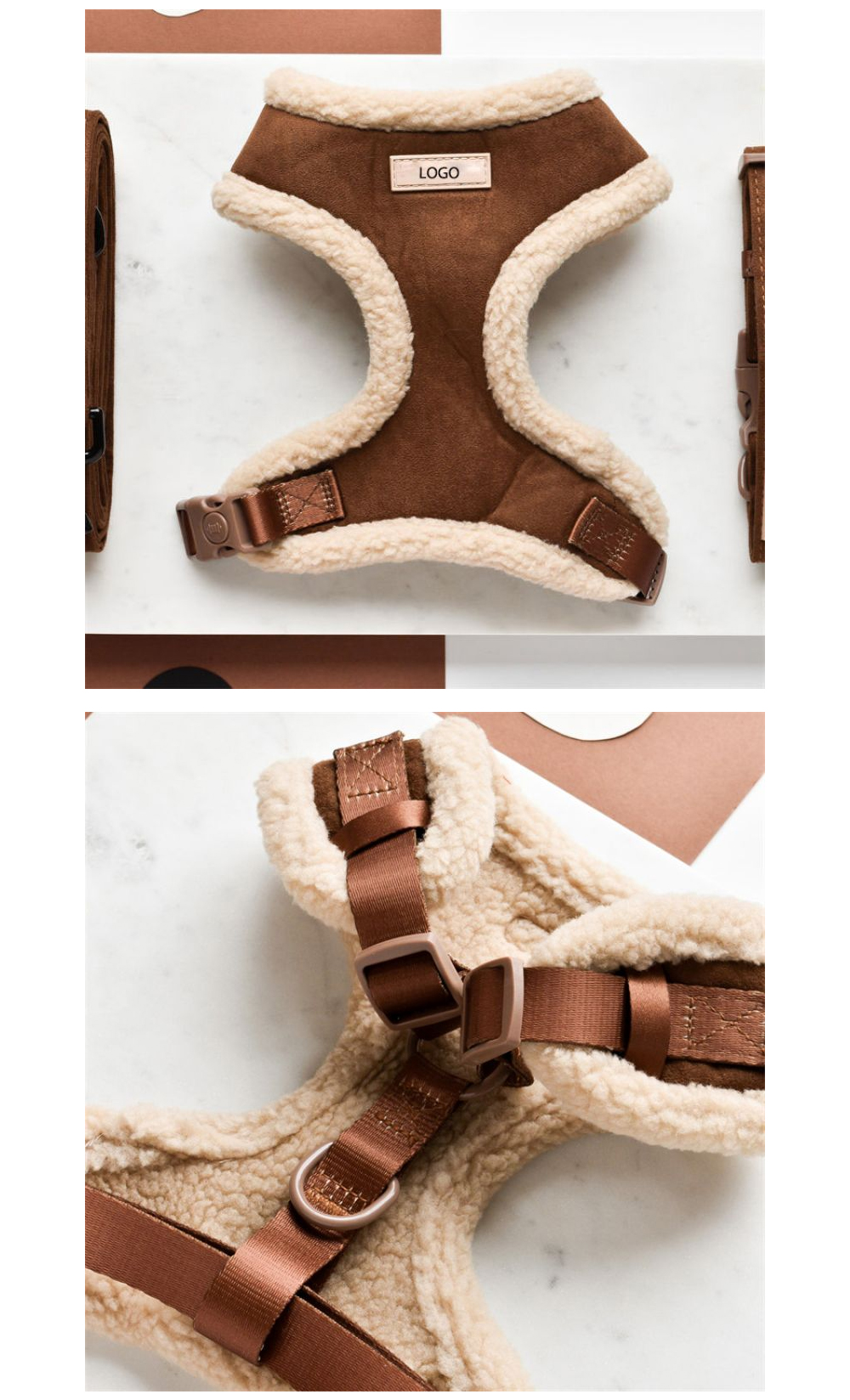Soft faux fur lined dog harness adjustable buckle and strap details