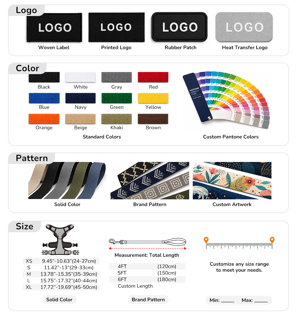 Custom logo color pattern and size options for suede dog harness sets