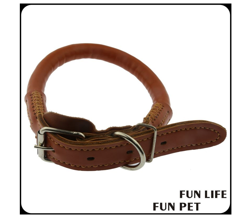 Brown round leather dog collar and leash construction detail