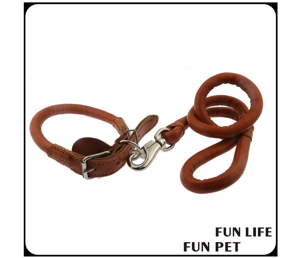 Brown round leather dog leash and collar set