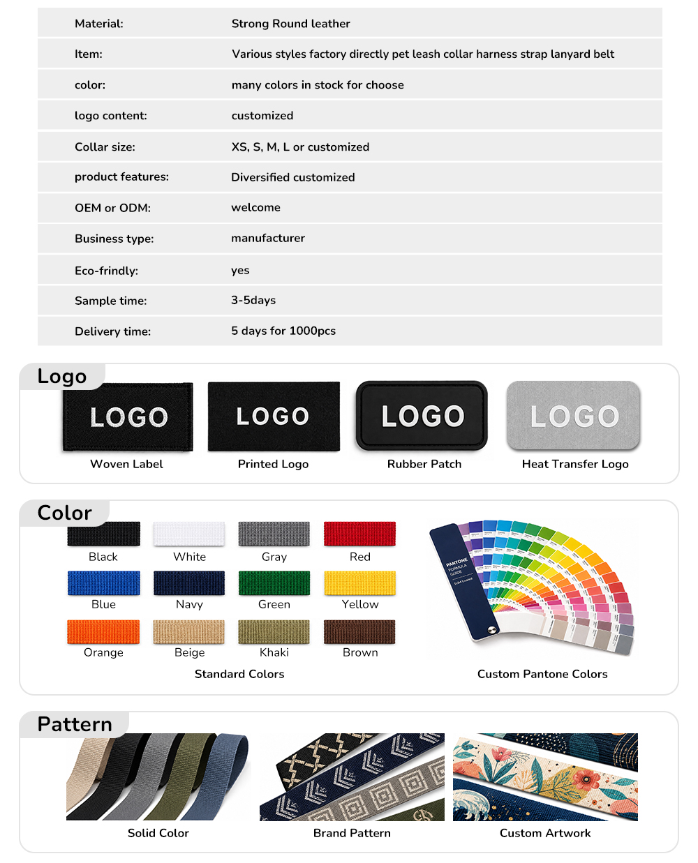 Round leather dog leash specifications and custom logo color and pattern options