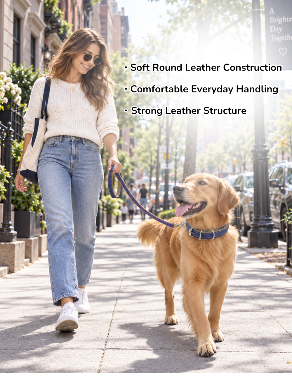 Custom soft round leather dog leash for comfortable everyday walking