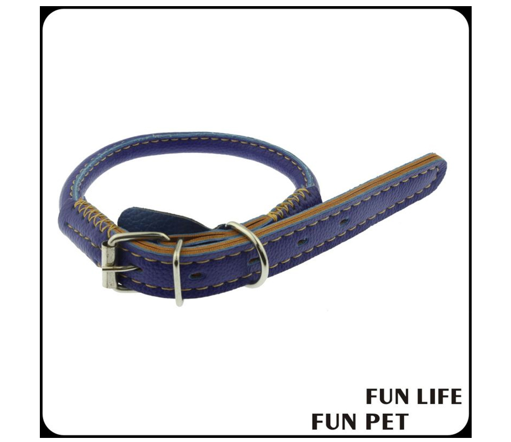 Blue round leather dog collar and leash construction detail