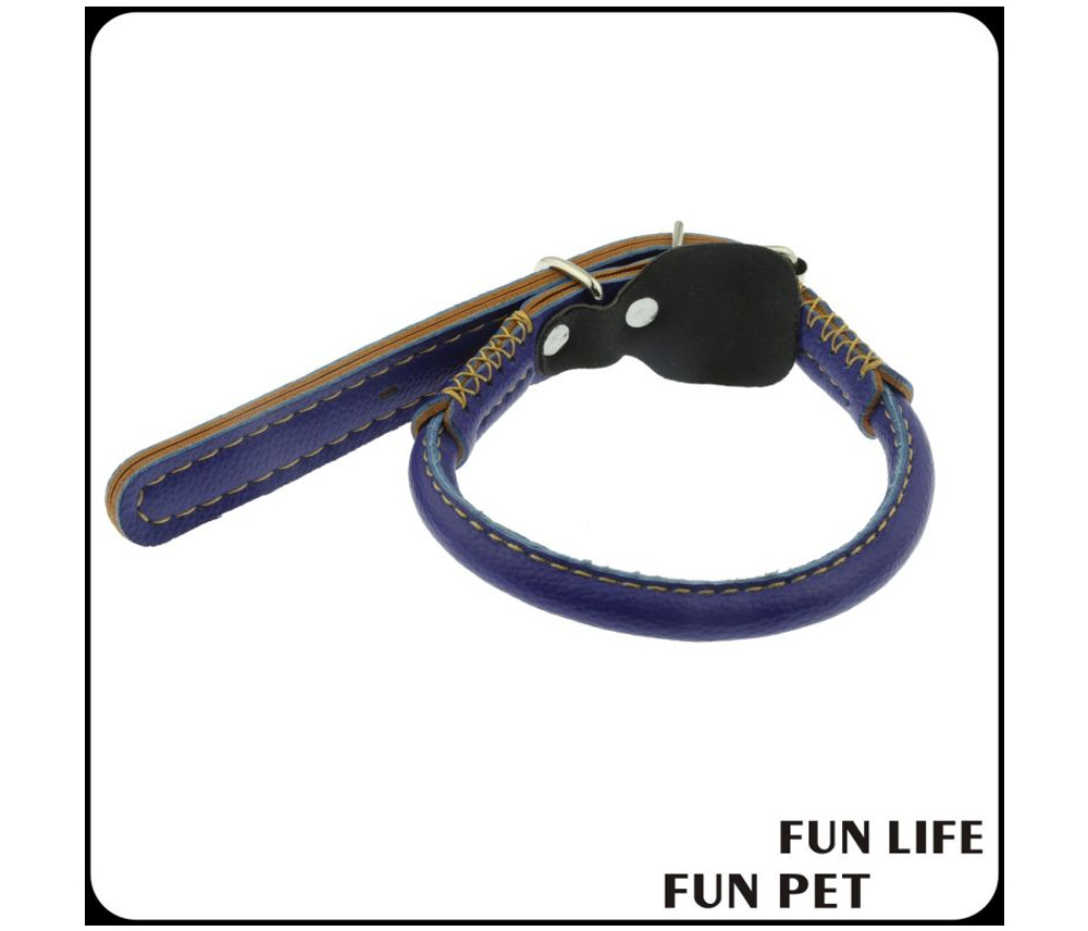 Soft round leather dog collar loop and fastening detail
