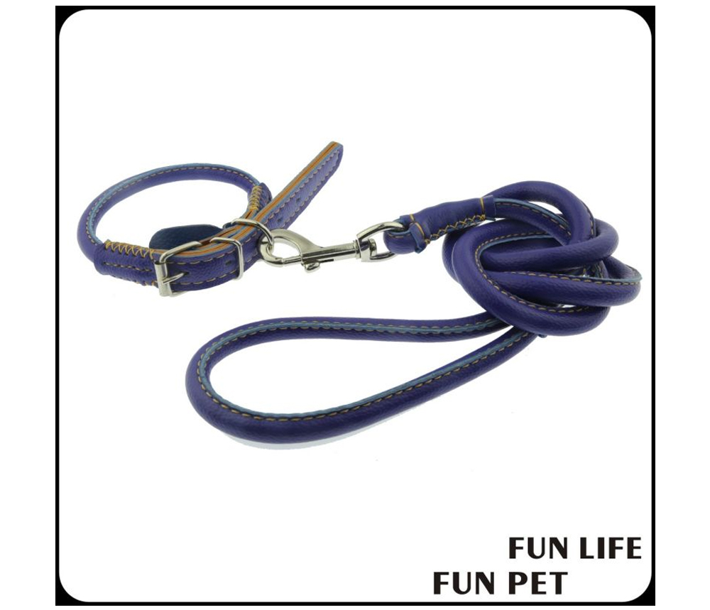 Blue round leather dog leash and collar set