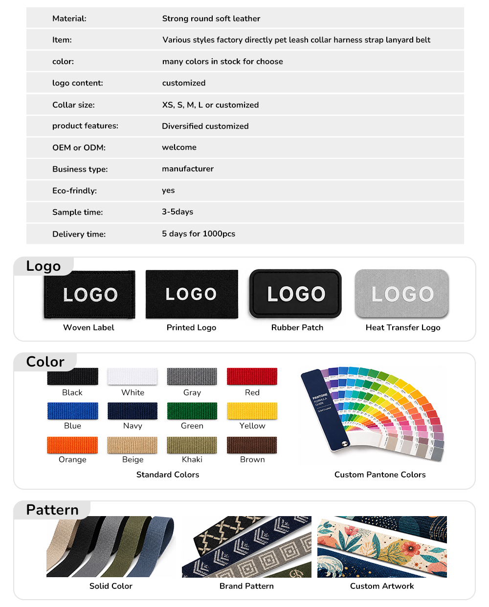 Soft round leather dog leash specifications and custom logo color and pattern options