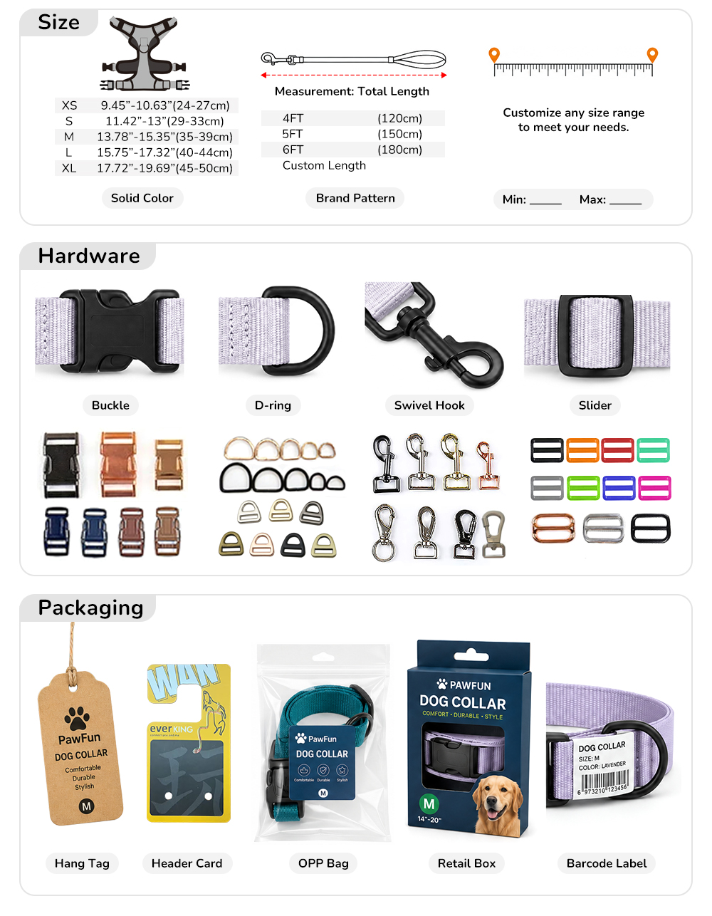 Custom sizes hardware and retail packaging options for leather dog leashes