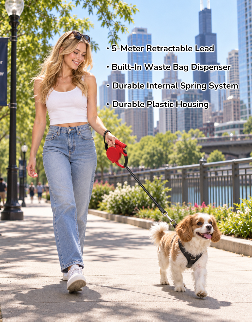 Custom 5-meter retractable dog leash with built-in waste bag dispenser in everyday use