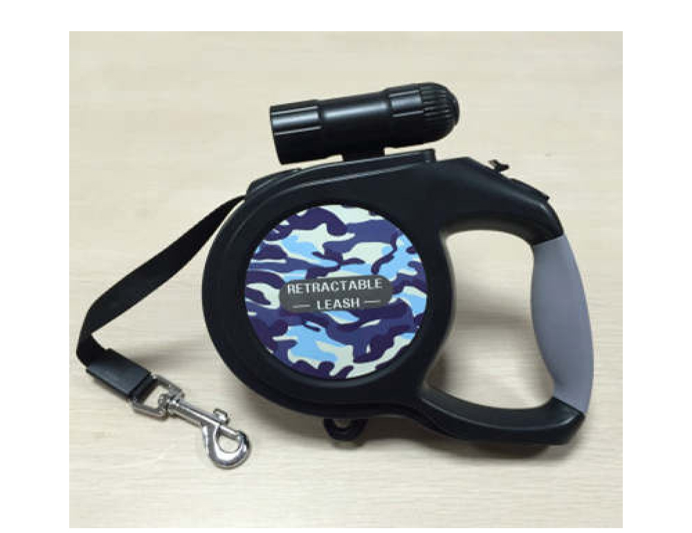 Black camouflage retractable dog leash with integrated waste bag dispenser