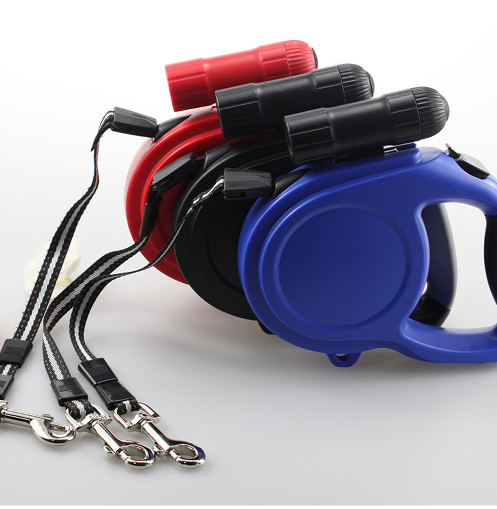 Retractable dog leashes in custom red blue and black color options
