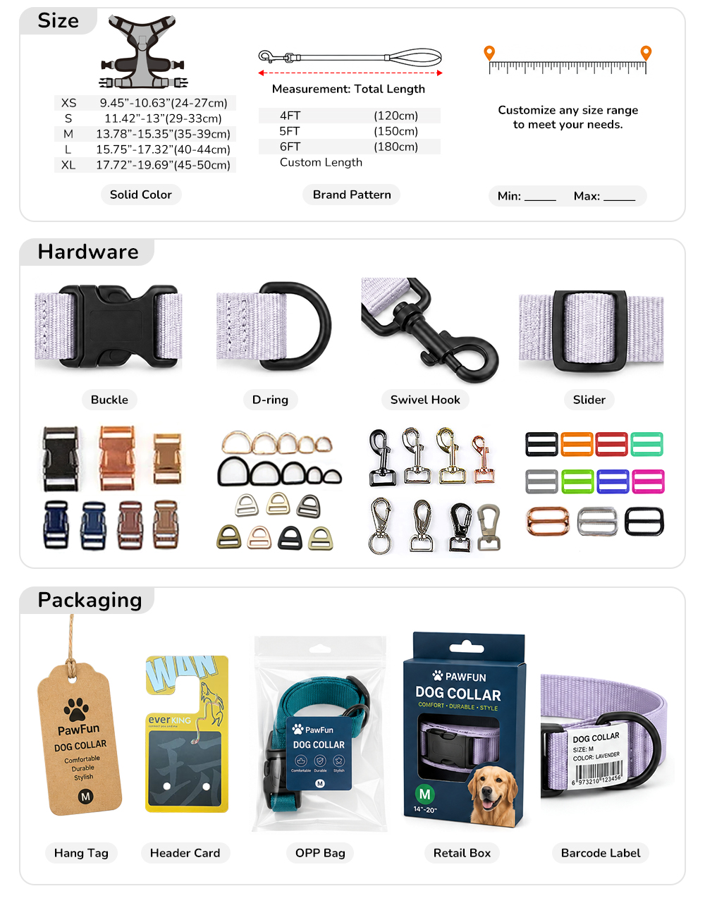 Custom hardware and retail packaging options for retractable dog leashes