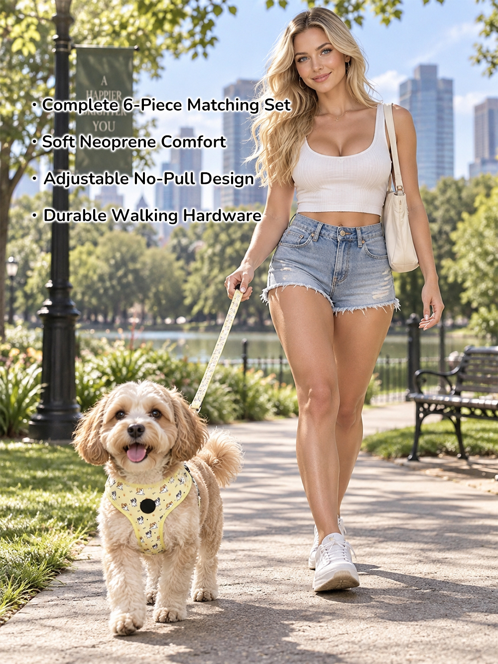 Custom neoprene dog harness 6-piece walking set in everyday use