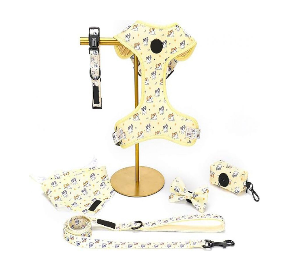 Complete matching dog harness collar leash bow tie bandana and waste bag holder set