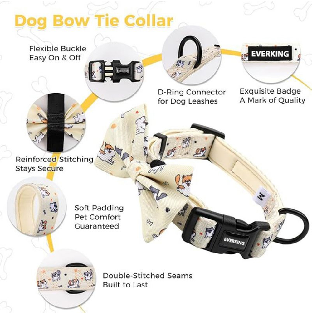 Matching printed dog bow tie collar construction and hardware details