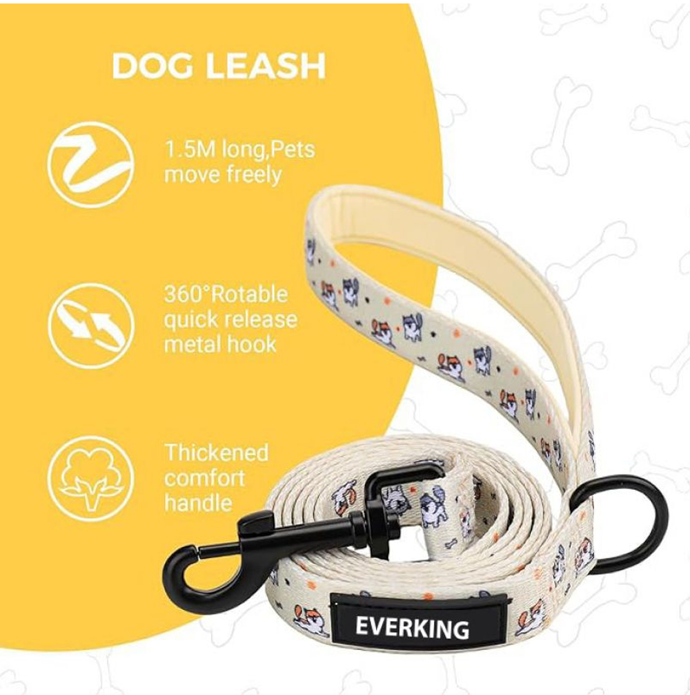 Matching dog leash with padded handle and rotating metal hook