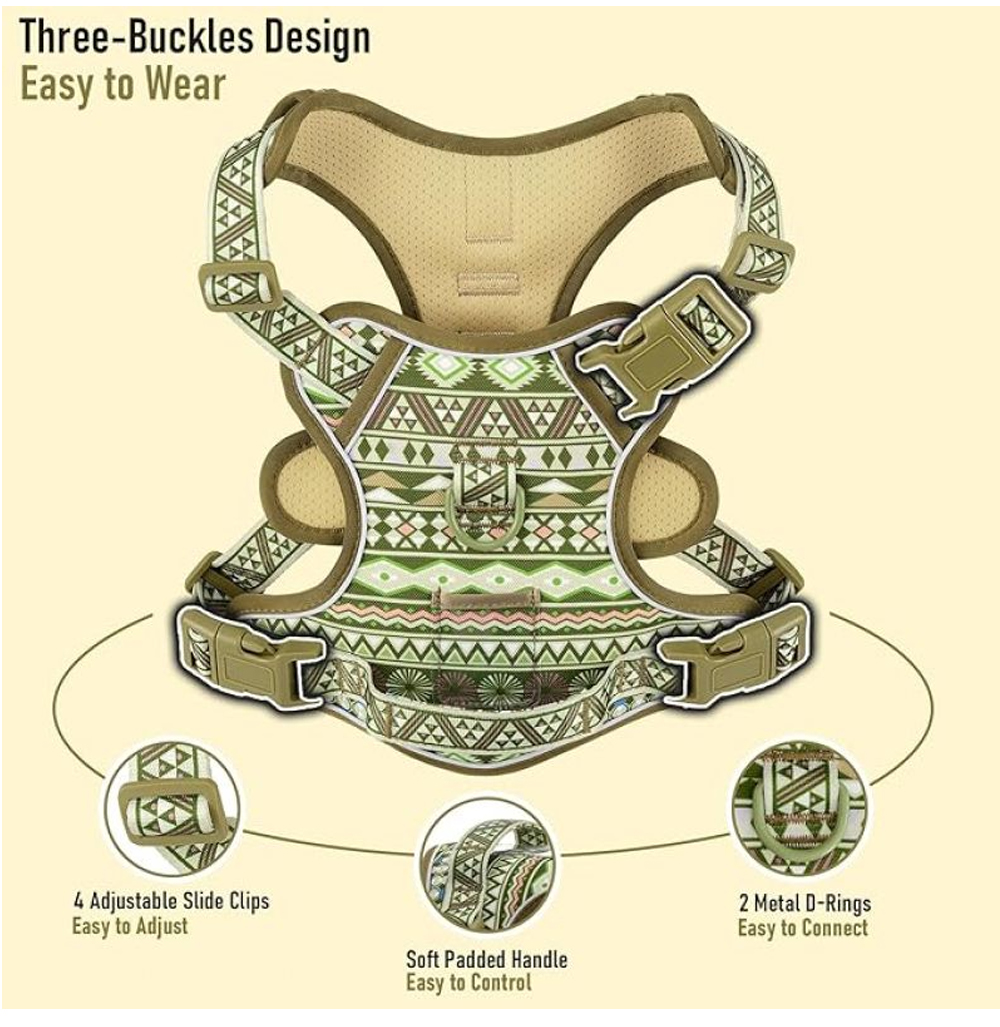 No-pull dog harness buckle and adjustable strap construction