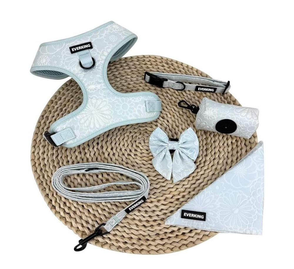 3D floral six-piece dog harness walking set with leash collar bow tie bandana and waste bag holder