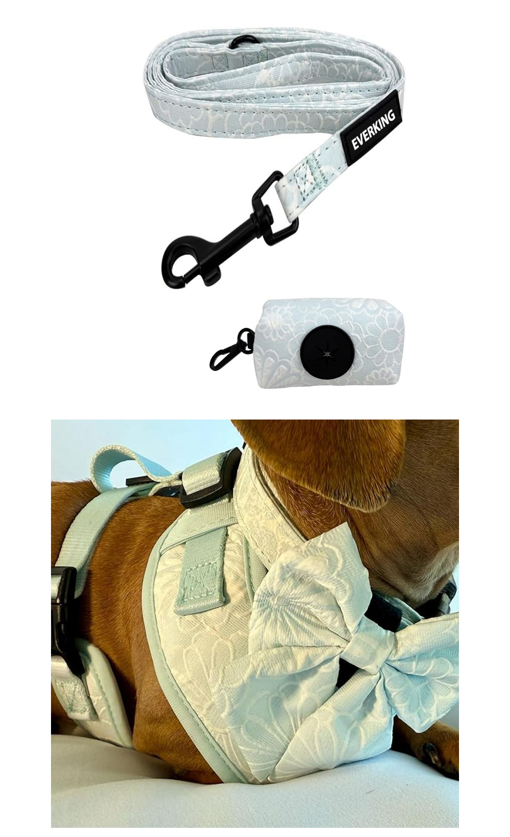 Soft breathable floral dog harness material and padded construction details