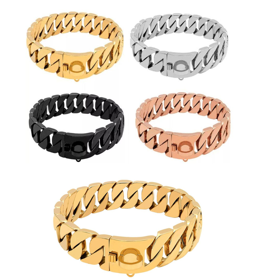 Stainless steel chain dog collars in gold silver black and rose gold finishes
