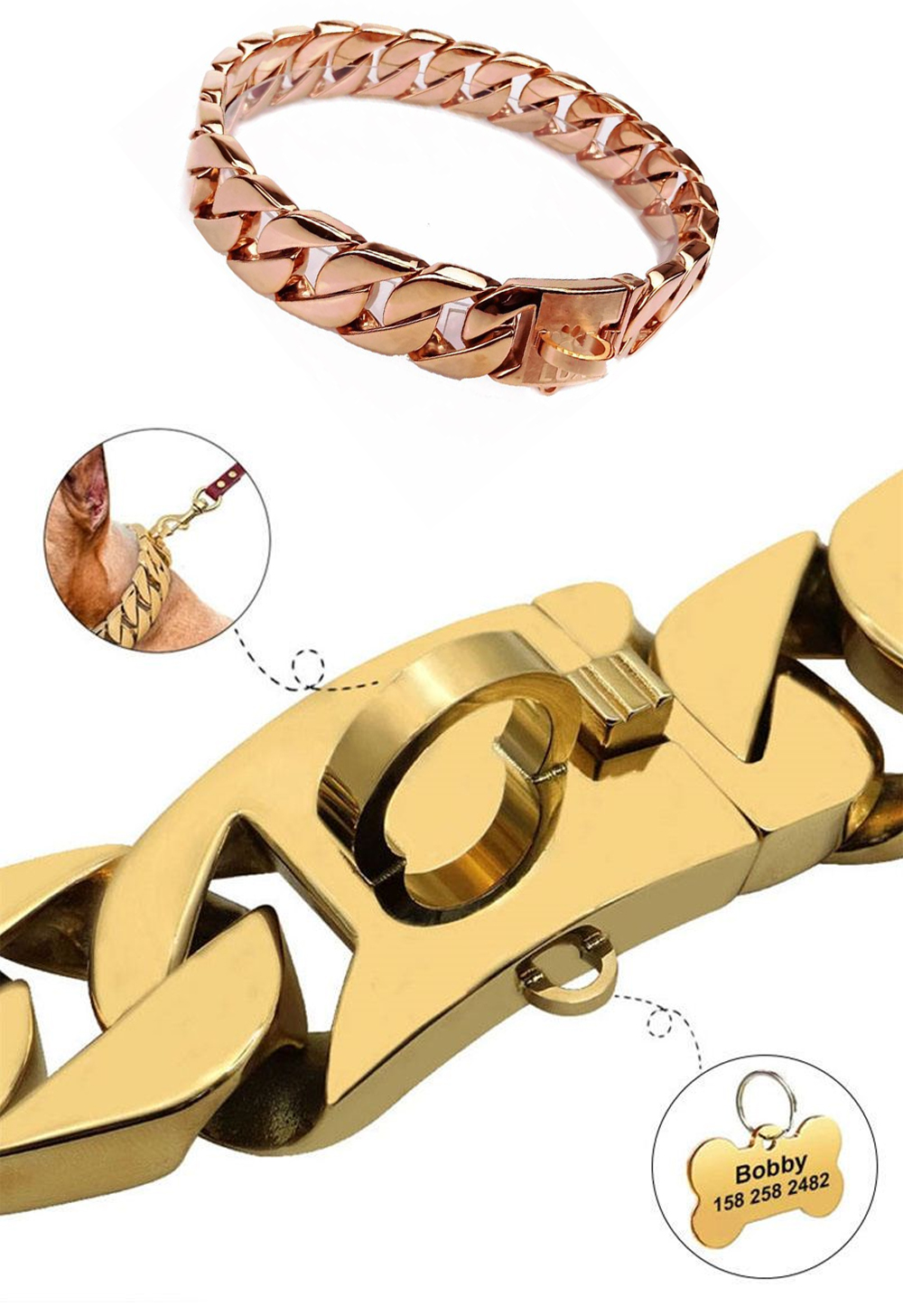 Luxury stainless steel dog collar chain link construction details
