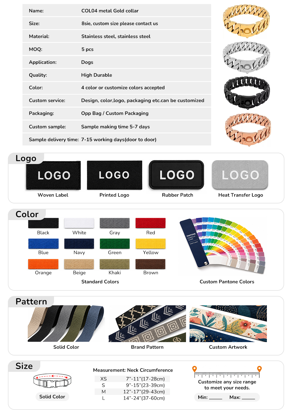 Polished metal dog collar surface finish and durable chain details