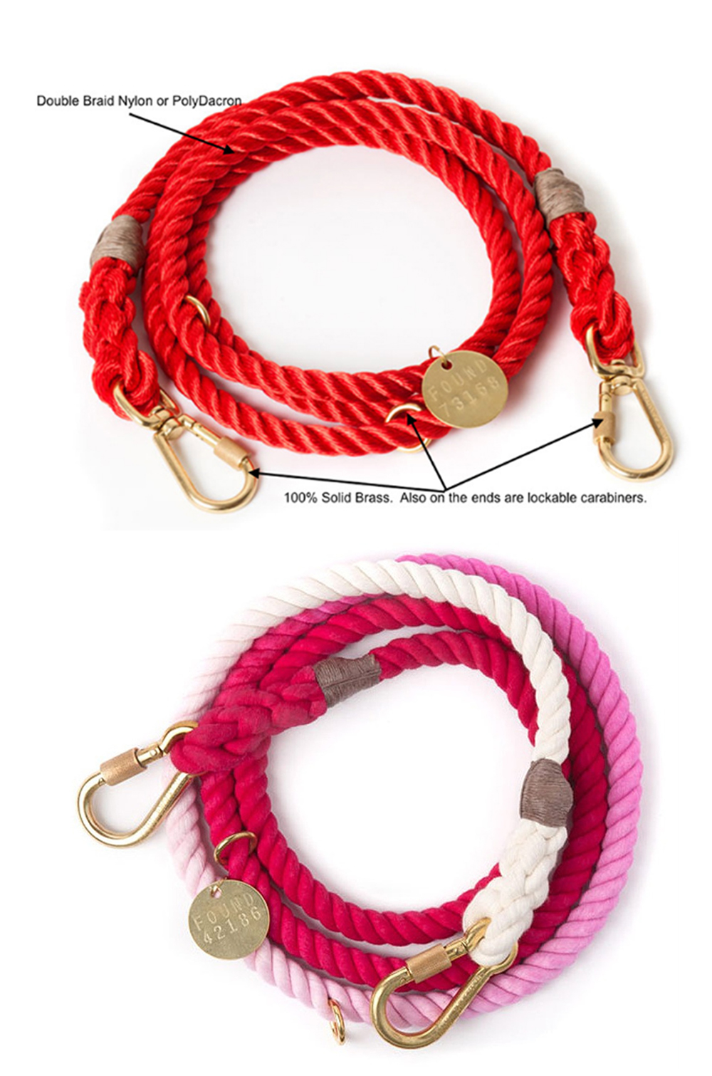 Soft braided cotton rope dog leashes with solid brass hooks and custom color options