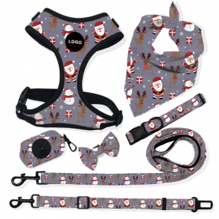Christmas Dog Harness Set Adjustable Holiday Walking Kit with Collar Leash Bandana Bow Tie Waste Bag