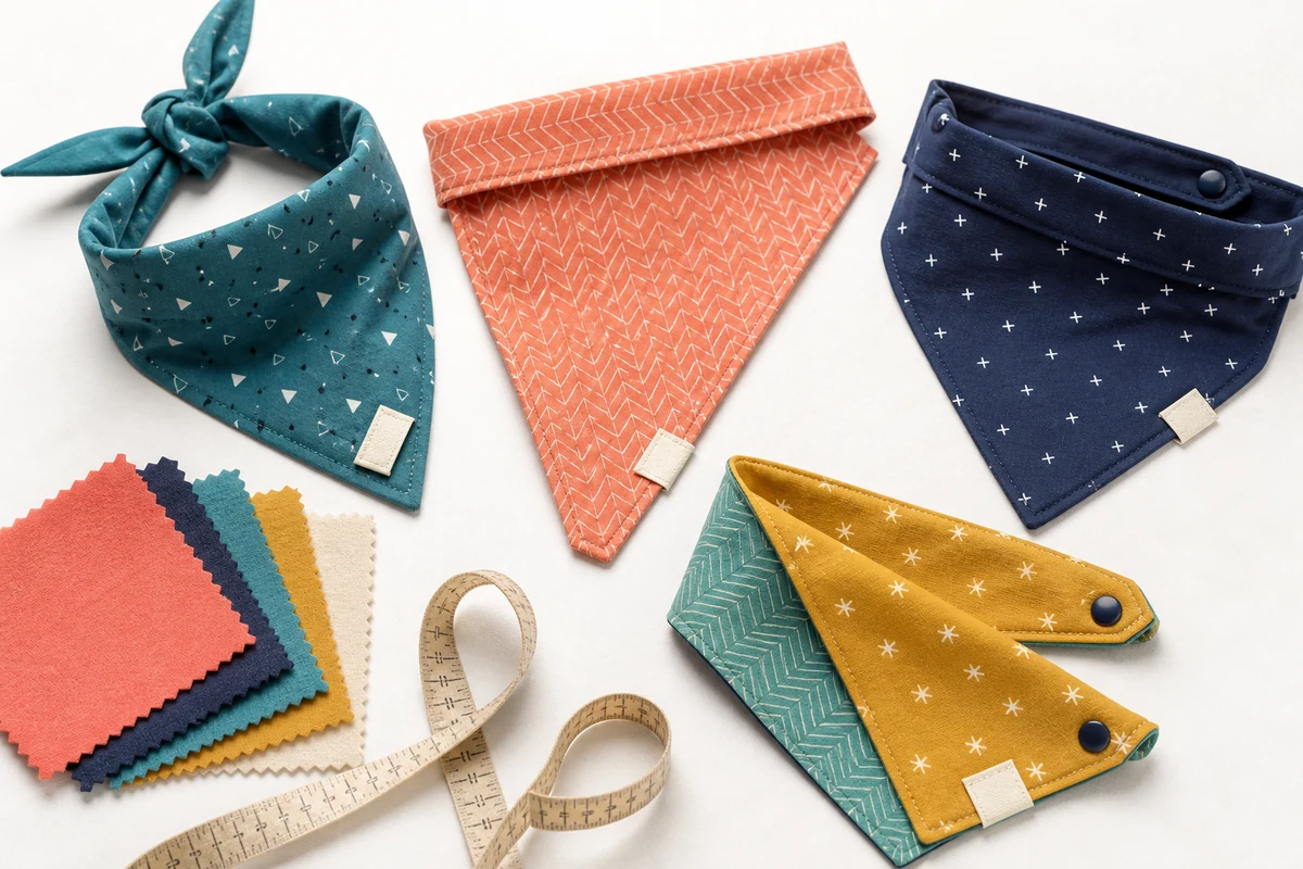 Custom pet bandana formats, fabrics, printed patterns, sizes, and private label options