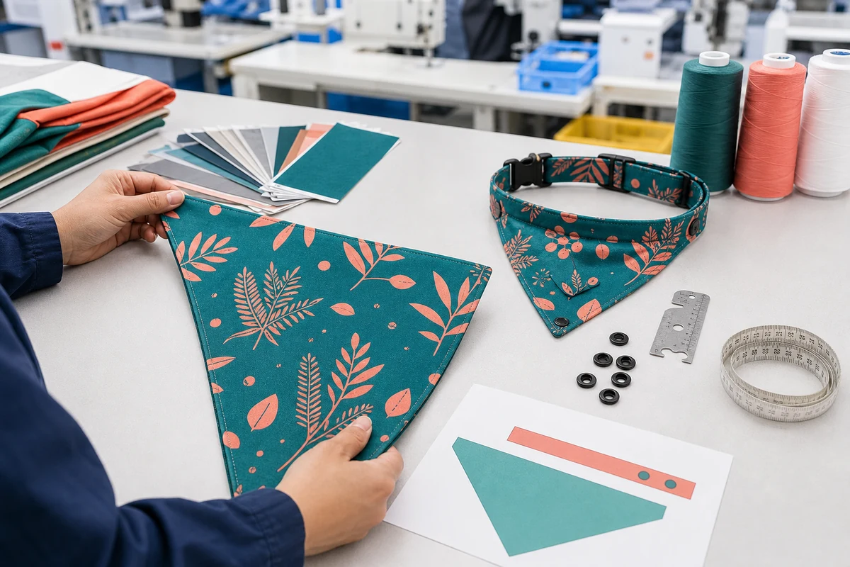 Factory inspection of custom pet bandana print alignment, color, size, and hem quality