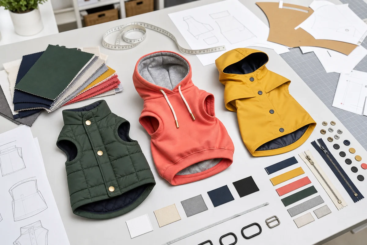 OEM dog apparel development with jacket, hoodie, raincoat, patterns, fabrics, trims, and blank labels