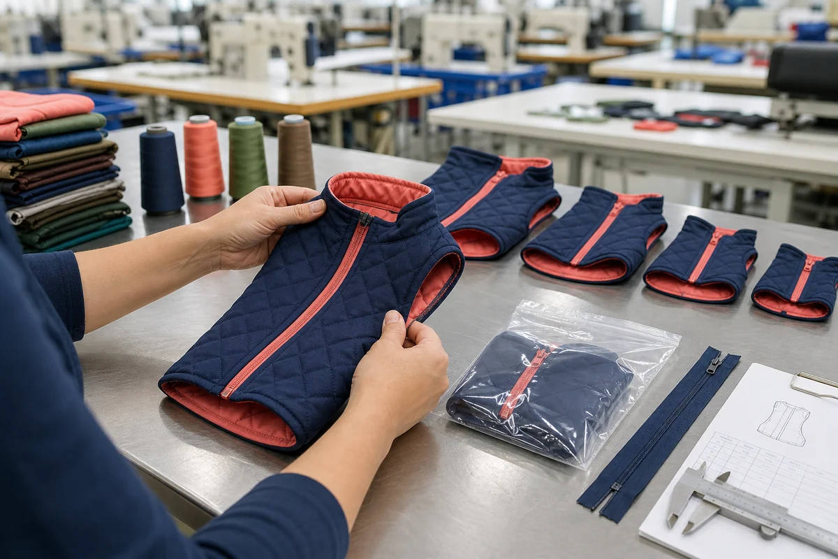 OEM dog jacket size set and factory quality inspection of seams, zipper, measurements, and packaging