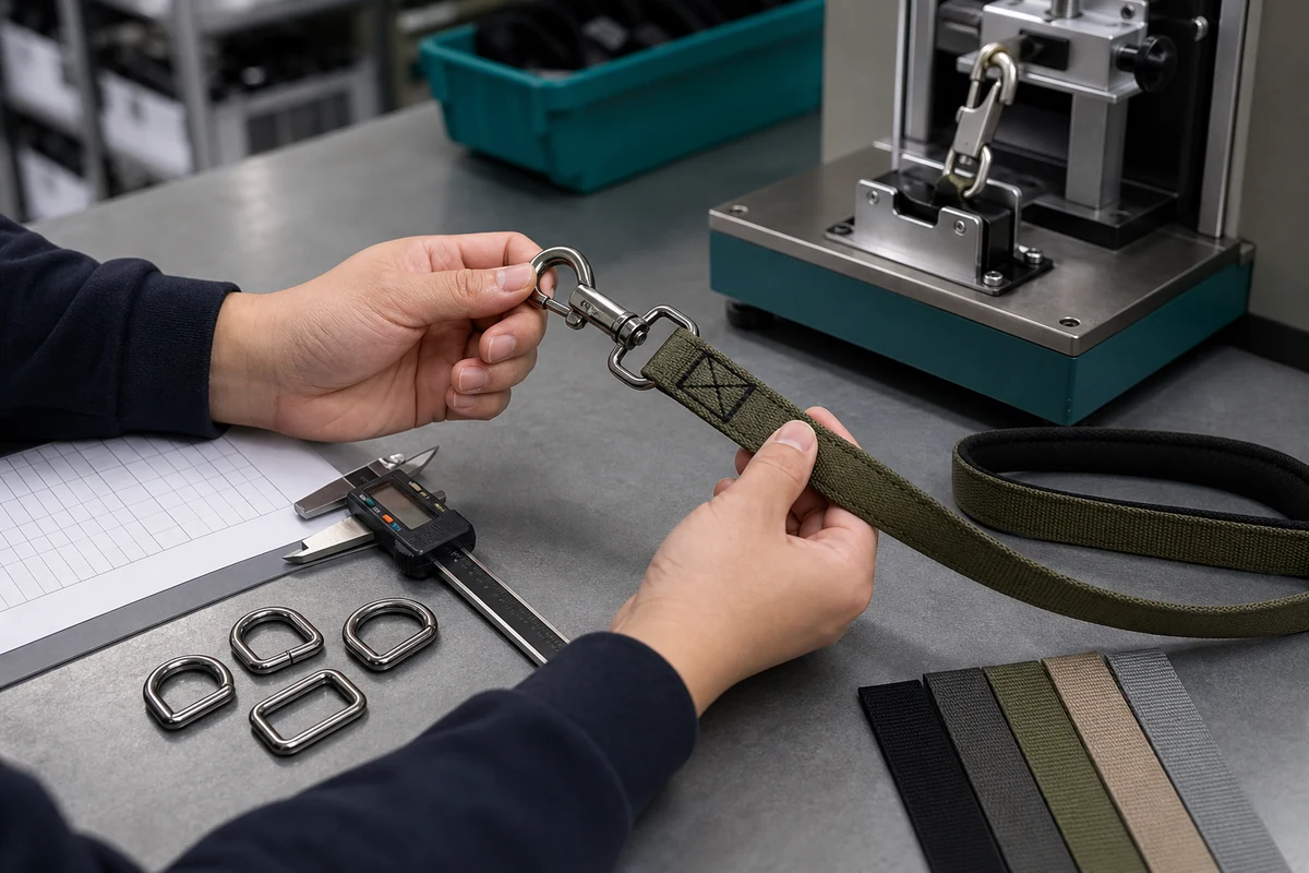 Factory inspection of custom dog leash hook operation, stitching, dimensions, and pull test