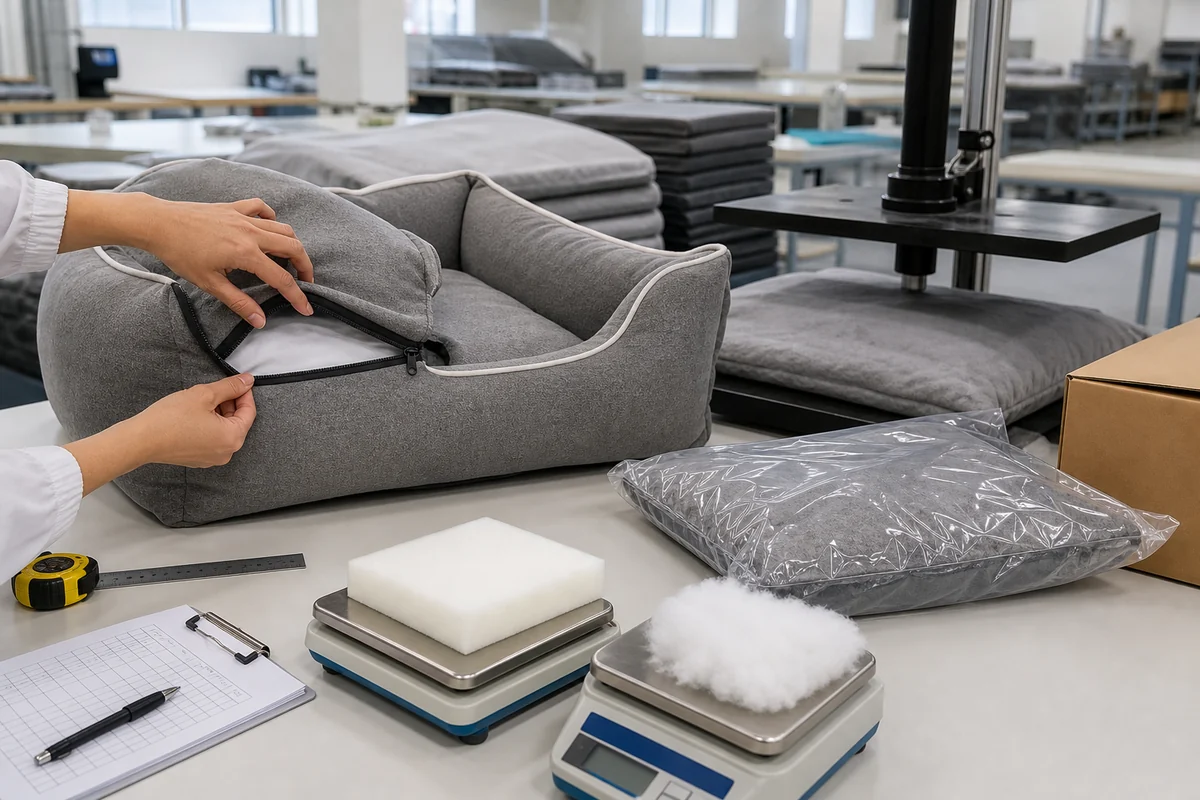 Wholesale pet bed production quality control checking zipper, dimensions, filling weight, compression and packaging