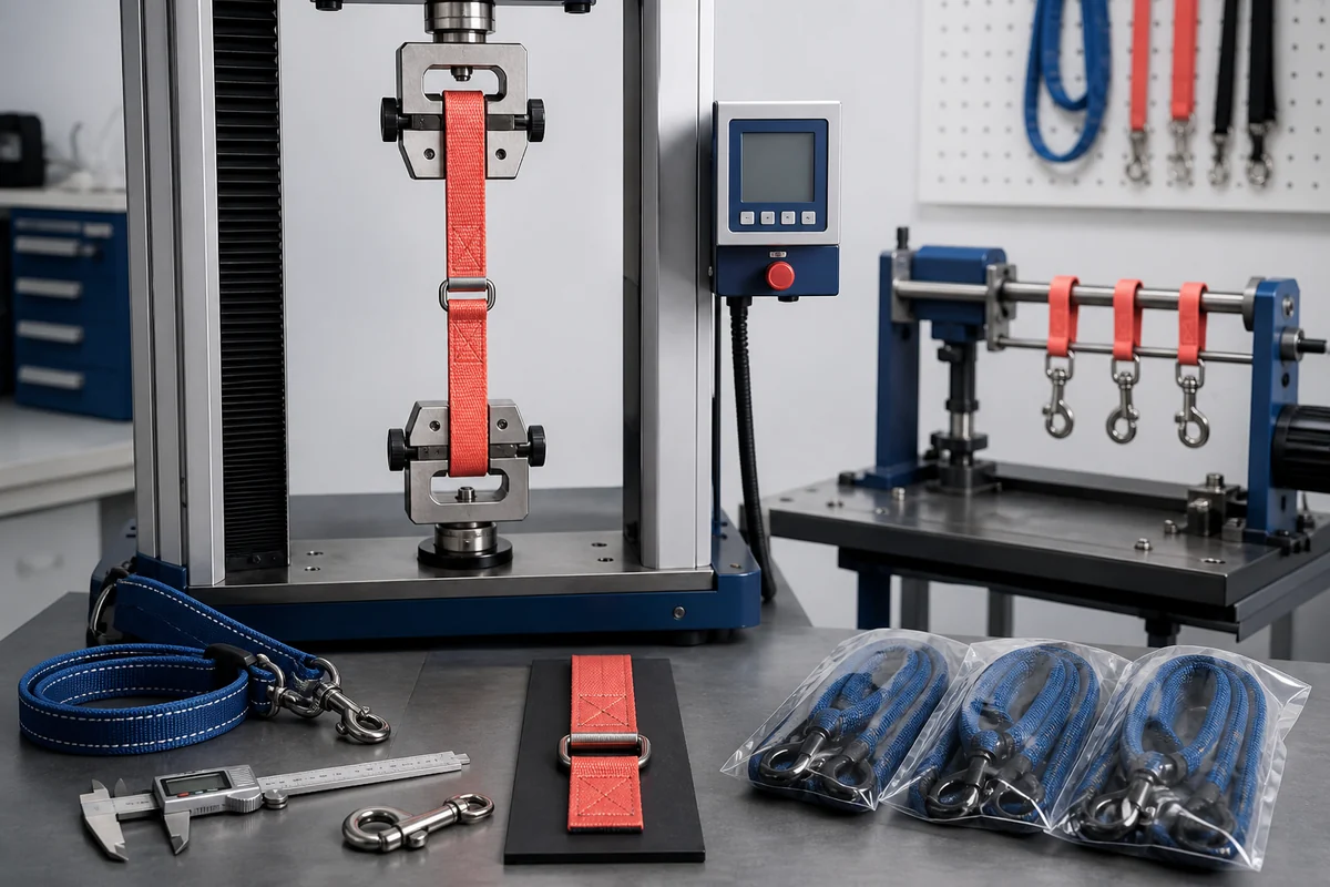 OEM dog leash tensile test, hook cycle test, stitching inspection, measurement, and packed product approval